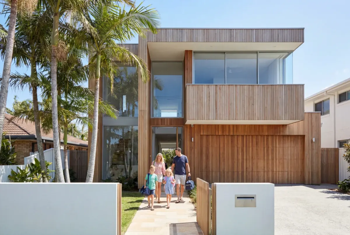 Family walking out of a contemporary timber home
