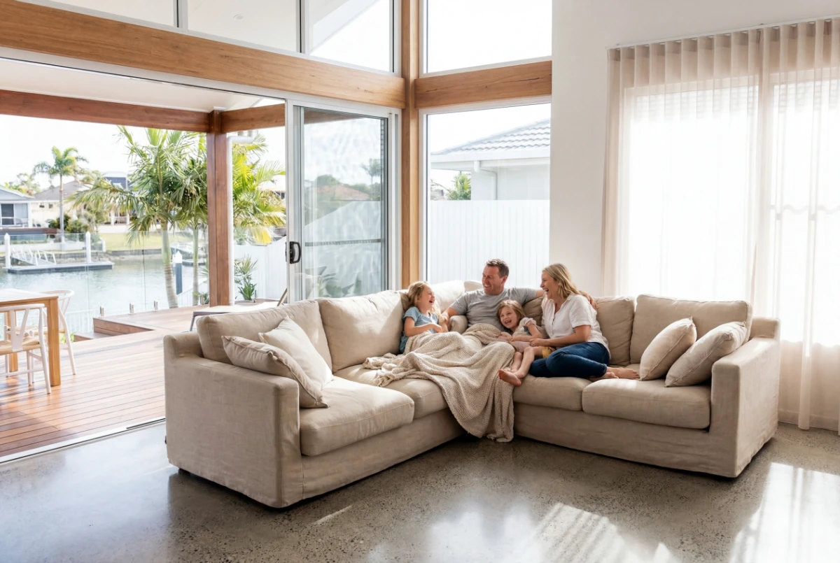 Family together on the couch in a bright waterfront home