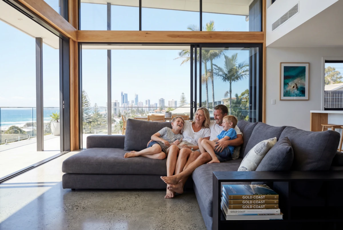 Family relaxing in a coastal living room with ocean views