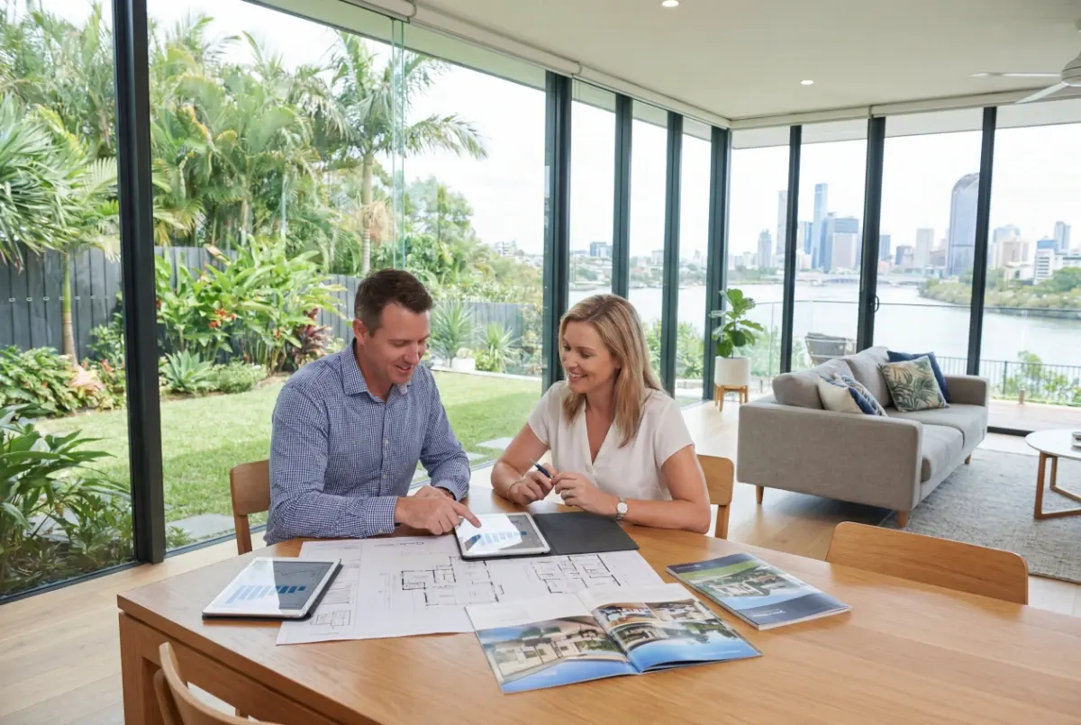 Couple reviewing investment charts in a bright waterfront home