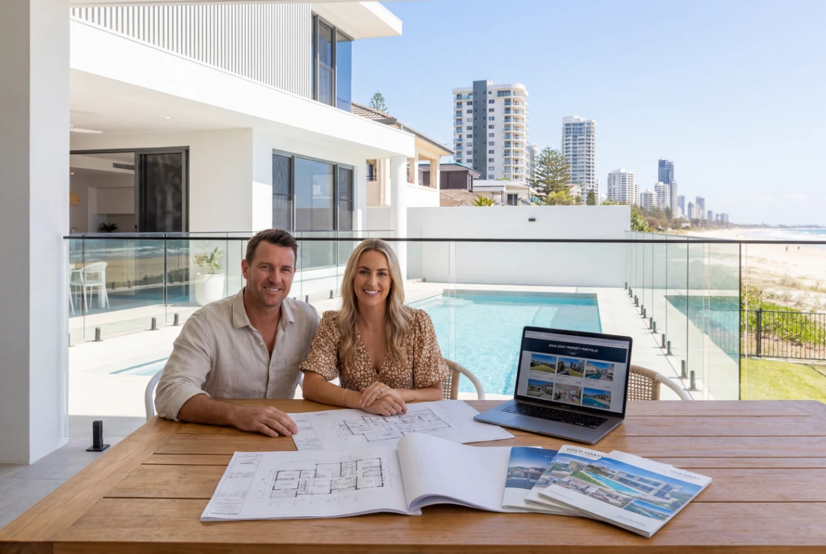 Couple reviewing their property portfolio on a beachfront terrace